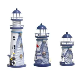 Mediterranean Style LED Lighthouse Iron Figurine Nostalgic Ornaments Ocean Anchor for Home Desk Room Wedding Decoration Crafts248J