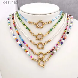 Pendant Necklaces QMHJE Imitation Pearl Necklace Women Choker Seed Beads Rainbow Stainless Steel Clasp Sailor Buckle Base Chain Gold Color BohoL242313