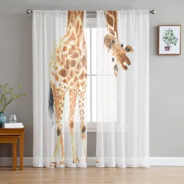 Cortinas engraçadas girafa animal branco transparente para sala de estar chiffon voile cortina quarto banheiro tule cortinas de janela