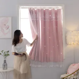 Curtains YanYangTian Hanging ring Blackout Partition Curtain Solid Star Window for Bedroom With gauze pink curtain princess style