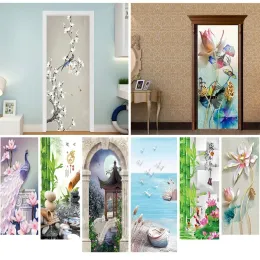 Adesivi Pittura di paesaggio naturale Adesivi per porte Arte retrò Carta da parati Decalcomania Impermeabile Autoadesiva Home Living Room Decor Poster Mural3