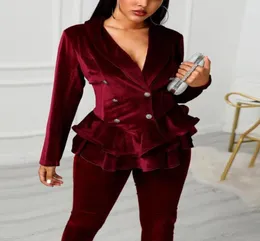 2020 feminino duplo breasted veludo plissado blazer calças magras escritório senhoras ternos de negócios elegante veludo vermelho blazer7416484