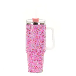 40oz Diamond Stainless Steel Mugs Bling Rhinestone Tumbler With Handle Lid And Straw Thermos Bottle Gift for her wholesale