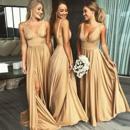2024 Champagne Gold Long Split BridEMaid Dresses Backless Sexig bröllopsfest klänning stretch Satin Prom Gowns Vestido Madrinha