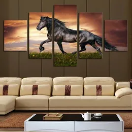 5pcs set Unframed Running Black Horse Animal Painting On Canvas Wall Art Painting Art Picture For Living Room Decor2752