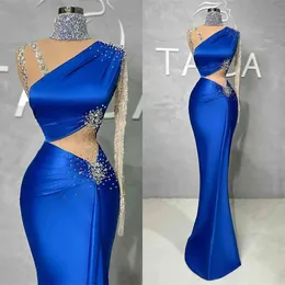 Sparkly Sexy Mermaid Evening Dresses One Shoulder Crystal Beads Prom Gowns Asymmetrical Vestidos De Noche Blue Satin Sweep Train