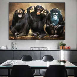 Djurväggkonstmålningsaffischer och tryck av tre roliga apor konstbilder Tryck duk för vardagsrum hem dekoration273q