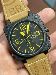 Belros Man Man Watch zegarek Automatyczny dzwonek mechaniczny brązowy skórzany czarny guma Ross 6 Ręce trzy oczy Sapphire wielofunkcyjny chronograf całą robotę
