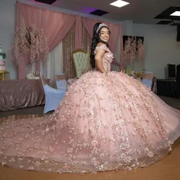 Rosa brilhante quinceanera vestido fora do ombro vestido de baile 3d flor espartilho renda apliques ouro frisado doce 16 vestidos de 15 anos