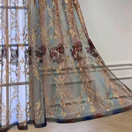 カーテンリビングルームのためのヨーロッパのフローラル刺繍チュールカーテン