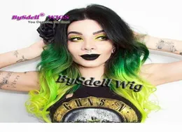 Wunderschöne dreifarbige schwarze Ombre-Grün-Neongrün-Haar-Perücke, synthetische 360-Spitze-Frontal-Perücken, Schönheit, gefärbte Haar-Perücken für Mode4258858