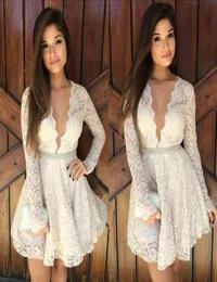 Fashion 2015 Lace Cocktail Dresses Vneck Long Sleeves White Lace Aline Short Mini Short Party Dresses Prom Dresses Christmas 2019720233