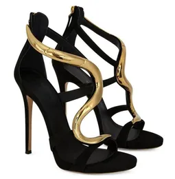 Verão de luxo venere sandálias sapatos femininos metal metálico-cobra festa casamento senhora saltos stiletto preto vermelho gladiador sandalias EU35-43