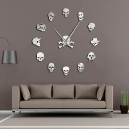 Different Skull Heads DIY Horror Wall Art Giant Wall Clock Big Needle Frameless Zombie Heads Large Wall Watch Halloween Decor 20113197