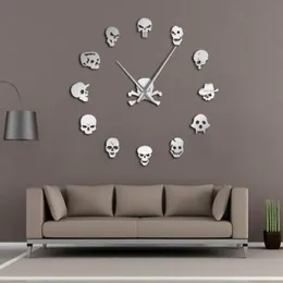 Olika skallehuvuden DIY Horror Wall Art Giant Wall Clock Big Needle Frameless Zombie Heads Large Wall Watch Halloween Decor 20113197