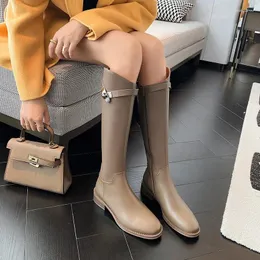 Botas 2024 outono/inverno couro genuíno feminino longo versátil casual meados de alta plataforma botas de mujer anti deslizamento de borracha feminino