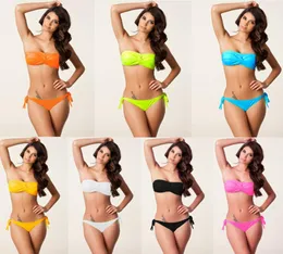 Sexy conjunto de biquíni bandeau de lantejoulas laço traseiro laço sem alças tubo topo de duas peças maiô vermelho verde black7443212