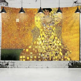 Gustav Klimt Oil Målning Tapestry Wall Hanging Kiss of Gold Abstract Art Decoration Polyester Filt Yoga Mat Home Bedroom Art 2224i