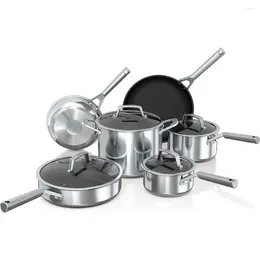 Cookware Sets C69500 Foodi NeverStick Stainless 10-Piece Set With Glass Lids Polished Stainless-Steel Exterior Nonstick Durable