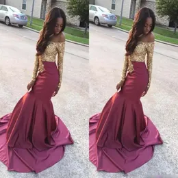 2017 Luxury Prom Dresses Cheap Off Off Off Golden Aptliques Long Sleeve Sation Party Dresses Cheap Custom Meded Mermaid EveningGo7870772