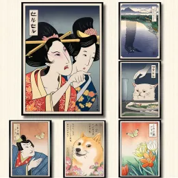 Schroevendraaiers 홈 장식 인쇄 그림 그림 벽 예술 Geisha 일본 사무라이 고양이 모듈 식 북유럽 캔버스 포스터 현대 침대 옆 배경