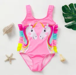 2024 Summer Kids Baddräkter Girls 'Cartoon Unicorn One-Piece Swimsuit Ruffled Girls' Swim Suit Baby Badkläder