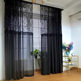 Vorhänge Französischer Vintage-Vorhang mit schwarzen Spitzennähten, transparenter Vorhang für Wohnzimmer, Jacquard-Blumen-Voile-Drapierung, Küchentrennwand, Erkerfenster #D