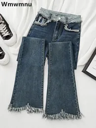 Jeans svasati con taglio vivo e design streetwear Donna Coreana Vintage Skinny Vaqueros Pantaloni casual in denim elasticizzato a vita alta Pantaloni a zampa d'elefante 240307