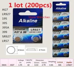 200pcs 1 lote AG7 LR927 195 395 395A 399 SR927 LR57 155V bateria alcalina de célula tipo botão, baterias tipo moeda 7592857