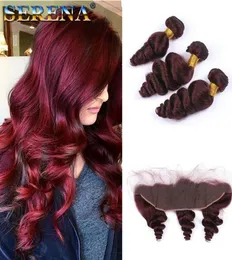 Vinho Tinto Borgonha Cabelo Brasileiro Feixes com Fechamento de Renda Frontal 13x4 99J Onda Solta Ondulado Cabelo Humano Tece com Orelha a Orelha Lac1888450