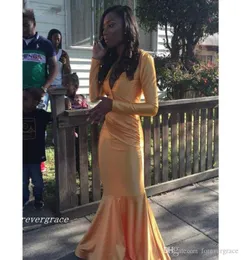 2019 Long Sleeve Mermaid Gold Satin Black Grils Prom Dress New Arrival Backless Formal Party Gown Custom Make Plus Size9439563