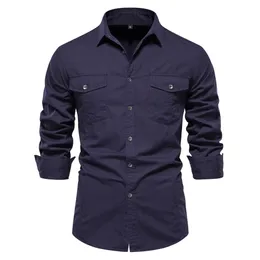 Aiopeson outono estilo militar 100% algodão camisa de bolso para homens cor sólida magro casual camisas masculinas manga longa 240307