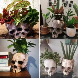 Planters Creative Retro Single Double Skull Head Flower Pot Desktop Decoration Harts Statyer Planter Container Home Garden Balcony Decor