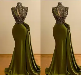 Olive Green Evening Dresses African Plus Size Mermaid Sparkly Sequins High Neck Sweep Train Satin Prom Party Gown Formal Occasion Wear vestidos Desinger