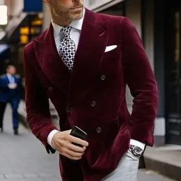 Velvet Blazer for Men Double Breasted Burgundy Smoking Jacket Elegant Dinner Party Suit Coat 1 PC 240311