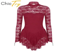 ChicTry Elegant Adult Long Sleeve Lace Ballet Gymnastics Leotard Women Figure Ice Skating Dress Competition Stage Dance Costume9302527