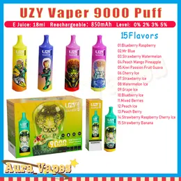 Оригинальная одноразовая ручка для вейпа UZY VAPER 9000 Puff, 18 мл, сетчатая катушка, 850 мАч, аккумуляторное устройство, оптовая продажа, электронная сигарета Vape Puffs 9000