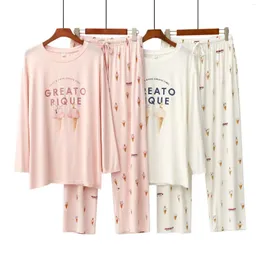 Kobietowa odzież sutowa Kobiety miękki modal 2pcs piżama z długim rękawem drukowane pijama mjer femme luźne nocne garnitur żeński zestaw odzieży domowej żeński