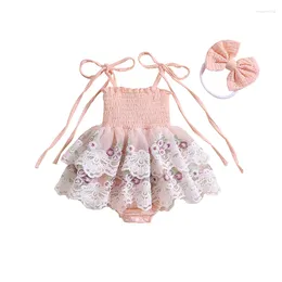 Flicka klänningar baby flickor ärmlösa bodysuit remmar klänning blommig ruffle dekoration båge född romper