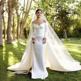 Exquisite Garten-Meerjungfrauen-Hochzeitskleider für Damen, schulterfreies, langärmliges Landbrautkleid mit abnehmbarer Schleppe, Robe de Mariee