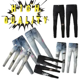 Дизайнерские джинсы amirir Мужские модные брюки Высококачественные модные джинсы с дырками Роскошные узкие брюки с рваными черными синими джинсами Slim fit разных размеров