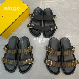 Bom Dia Genuíno F Couro Sandália Chinelo Casual Sapato Verão Praia Gladiador Mules Hasp Nova Mulher Plana Slide Luxury Designer Sliders Sandale 35-42