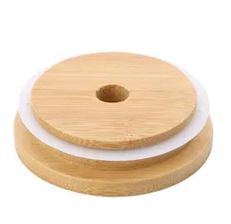 Web celebrity Tik Tok 100pcs Bamboo Cap Lids 70mm 88mm Reusable Wooden Mason Jar Lid with Straw Hole and Silicone Seal DHL Deliver1959479