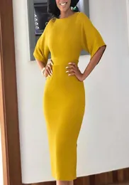 Casual Kleider Gelb Frauen Bodycon Schlank Elegante Büro Damen Arbeitskleidung Kurze Ärmel O Hals Enge Elastische Große Größe Afrikanische fas4644077