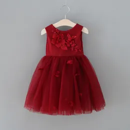 Kızlar Elbise Kız Bebek 3D Çiçek Elbiseler Prenses Dantel Tutu Elbise 2024 Yeni Çocuk Doğum Günü Partisi Pembe Bordo Renkli Diz Uzunluk Elbiseler