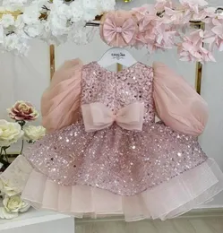 Flickaklänningar Blush fluffig tyg Baby Dress Toddler Spädbarn First Birthday Party klänning Puff ärm 12m 18m 24m