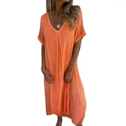 Casual Dresses Women Dress Comfy Loose-fit Long Bohemian Style V Neck Summer For Soft Breathable Mid-calf Length Beach Midi