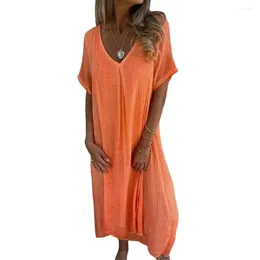 Freizeitkleider Damen-Kleid, bequem, lockere Passform, lang, Bohemian-Stil, V-Ausschnitt, Sommer für weiches, atmungsaktives, mittelkalblanges Strand-Midi