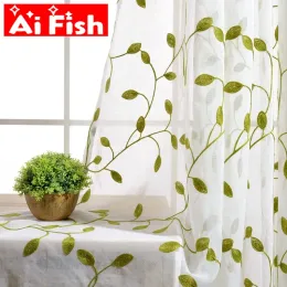Cortinas rústicas com folhas verdes bordadas, tule transparente, azul com folhas brancas, cortinas blackout para sala de estar wp072 #4