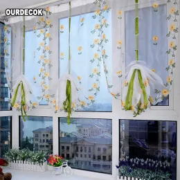Curtains 1 PCS Pastoral Tulle Window Roman Curtain Embroidered Sheer For Kitchen Living Room Bedroom Window Curtain Screening Daisy